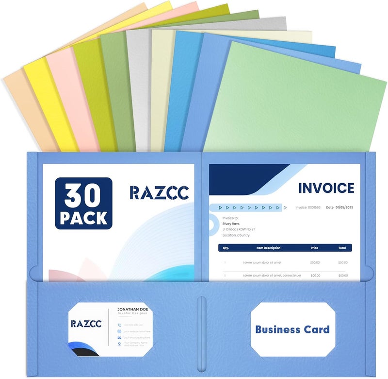 RAZCC Two Pocket Folders, 30 Pack File Folders with Pockets Fit Letter Size Paper, Thick Paper File Folder for School Office Business Home, Assorted 10 Colors - Image 1